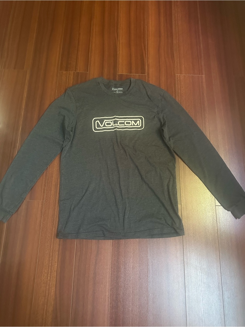 Volcom Men's Long Sleeve Logo Tee — Dark Charcoal with White Logo